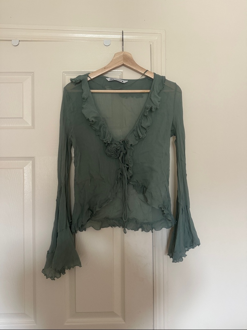 Zara Sage Green Ruffle Tie-Front Sheer Blouse